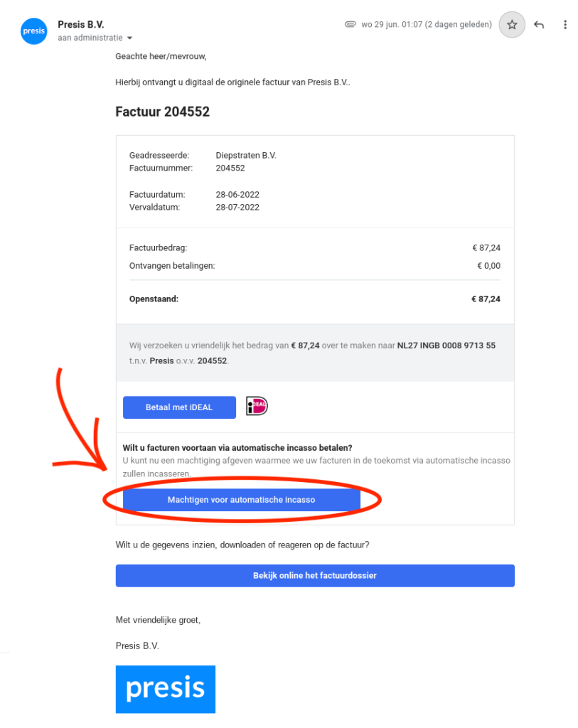 Automatische incasso instellen voor de facturen van Presis