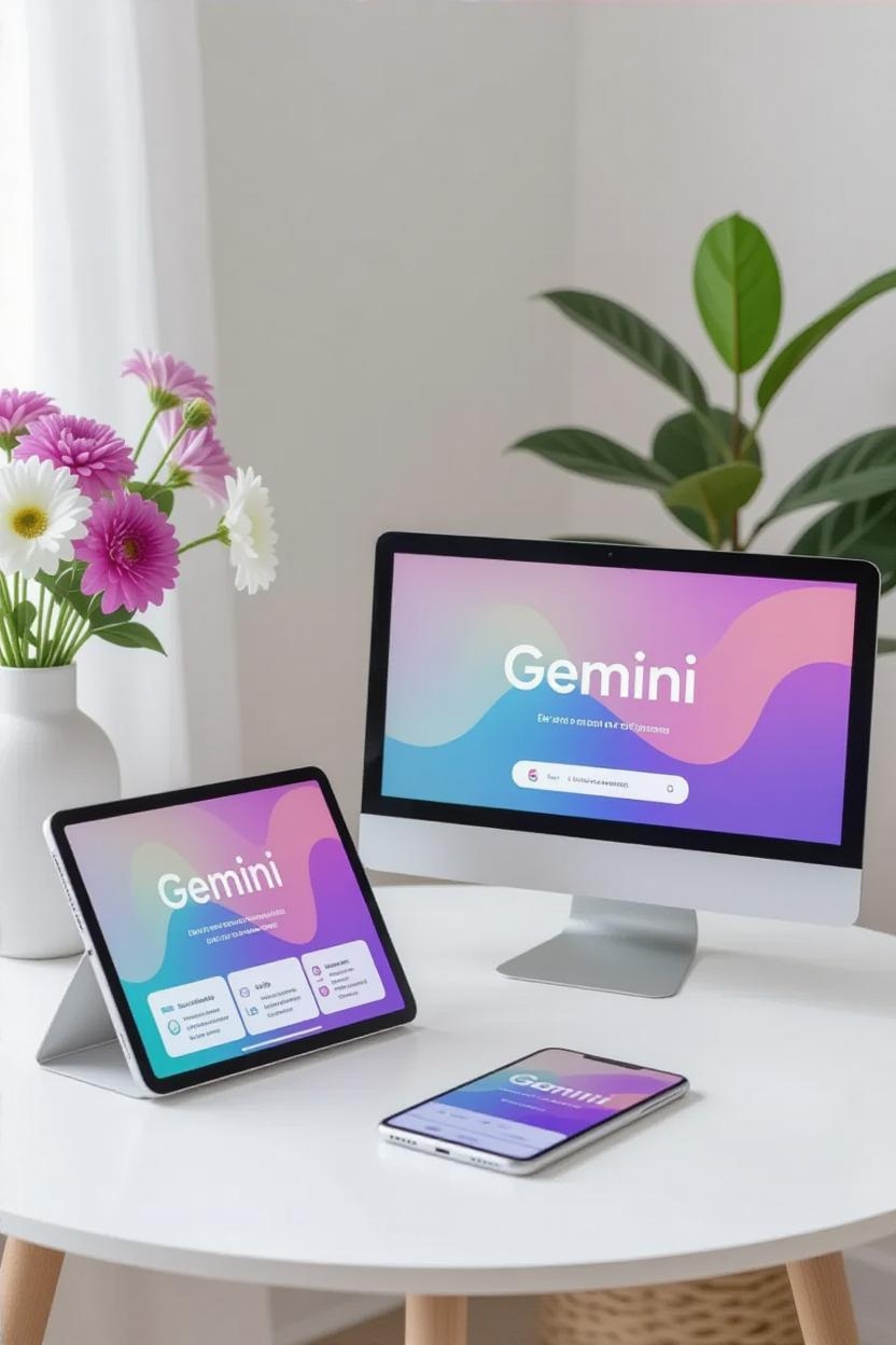 Google Gemini staat open op een computer, ipad en telefoon